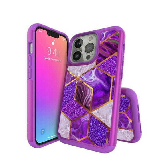 For Apple iPhone 13 Mini (5.4") Pattern Design Slim Hybrid Grid Bumper Rubber Soft TPU & Hard Back PC Protective Phone Case Cover by Xpression [Purple Marble]