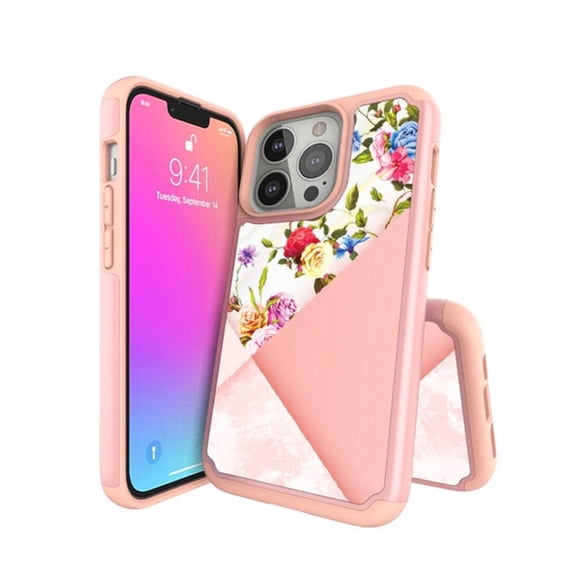 For Apple iPhone 13 Mini (5.4") Pattern Design Slim Hybrid Grid Bumper Rubber TPU & Hard Back PC Protective Phone Case Cover by Xpression [Pink Floral Marble]