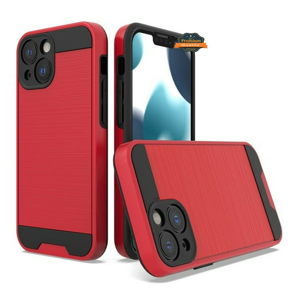 For Apple iPhone 13 Mini (5.4") Slim Rugged TPU + Hard PC Brushed Metal Texture Hybrid Dual Layer Defender Armor Shockproof Cover ,Xpm Phone Case [Red]