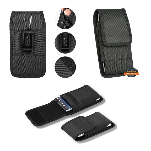 For Apple iPhone 13 Mini (5.4") Universal Pouch Case Vertical Phone Holster Durable Nylon Cover with Belt Clip Loop, Velcro & Hook Carabiner - Black