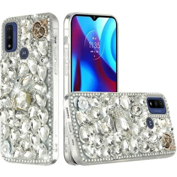 For Apple iPhone 13 Pro (6.1") Bling Crystal 3D Full Diamonds Luxury Sparkle Rhinestone Hybrid Protective Cover ,Xpm Phone Case [ Silver Swan Crown Pearl ]