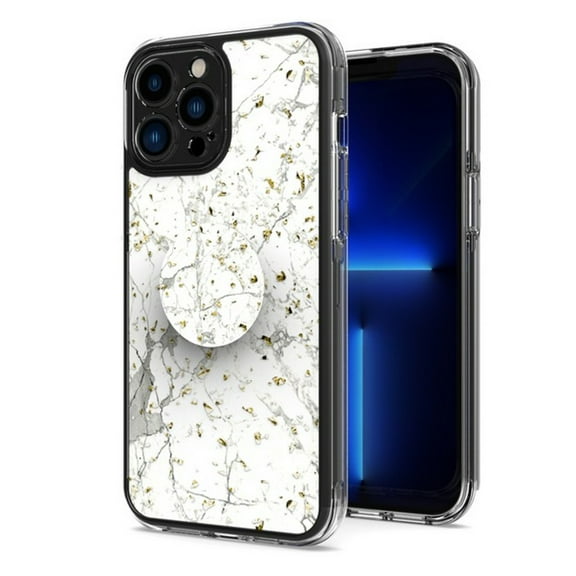 For Apple iPhone 13 Pro (6.1") Elegant Pattern Design Glitter Hybrid Cases with Ring Stand Pop Up Finger Holder Kickstand Phone Cover by Xpression [Marble White]