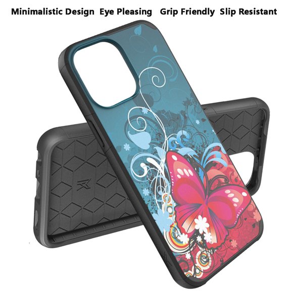 For Apple iPhone 13 Pro (6.1") Graphic Design Pattern Hard PC Soft TPU Protection Hybrid Shockproof Armor Rugged Bumper Cover ,Xpm Phone Case [Butterfly Bliss]