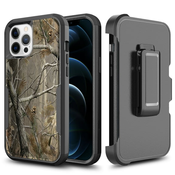 For Apple iPhone 13 Pro (6.1") Hybrid Camo Design Rugged Shockproof Military Swivel Belt Clip Kickstand & Holster Cover ,Xpm Phone Case [ Camouflage Branch ]