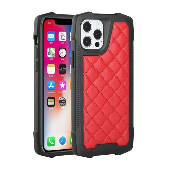 For Apple iPhone 13 Pro (6.1") PU Leather Design Lines Hybrid PC Hard Shockproof Armor Shell Bumper Soft Rubber Protection Cover ,Xpm Phone Case [Diamond Red]