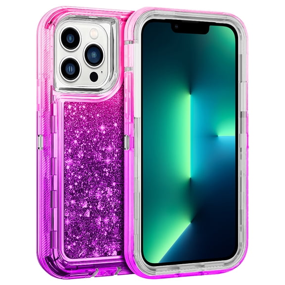 For Apple iPhone 13 Pro 6.1 inch Tough Defender Sparkling Liquid Glitter Heart Case Cover Pink/Purple