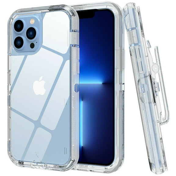 For Apple iPhone 13 Pro 6.1 inch Transparent Dual Layer Heavy Duty Armor Defender Hybrid Case Cover With Clip Clear