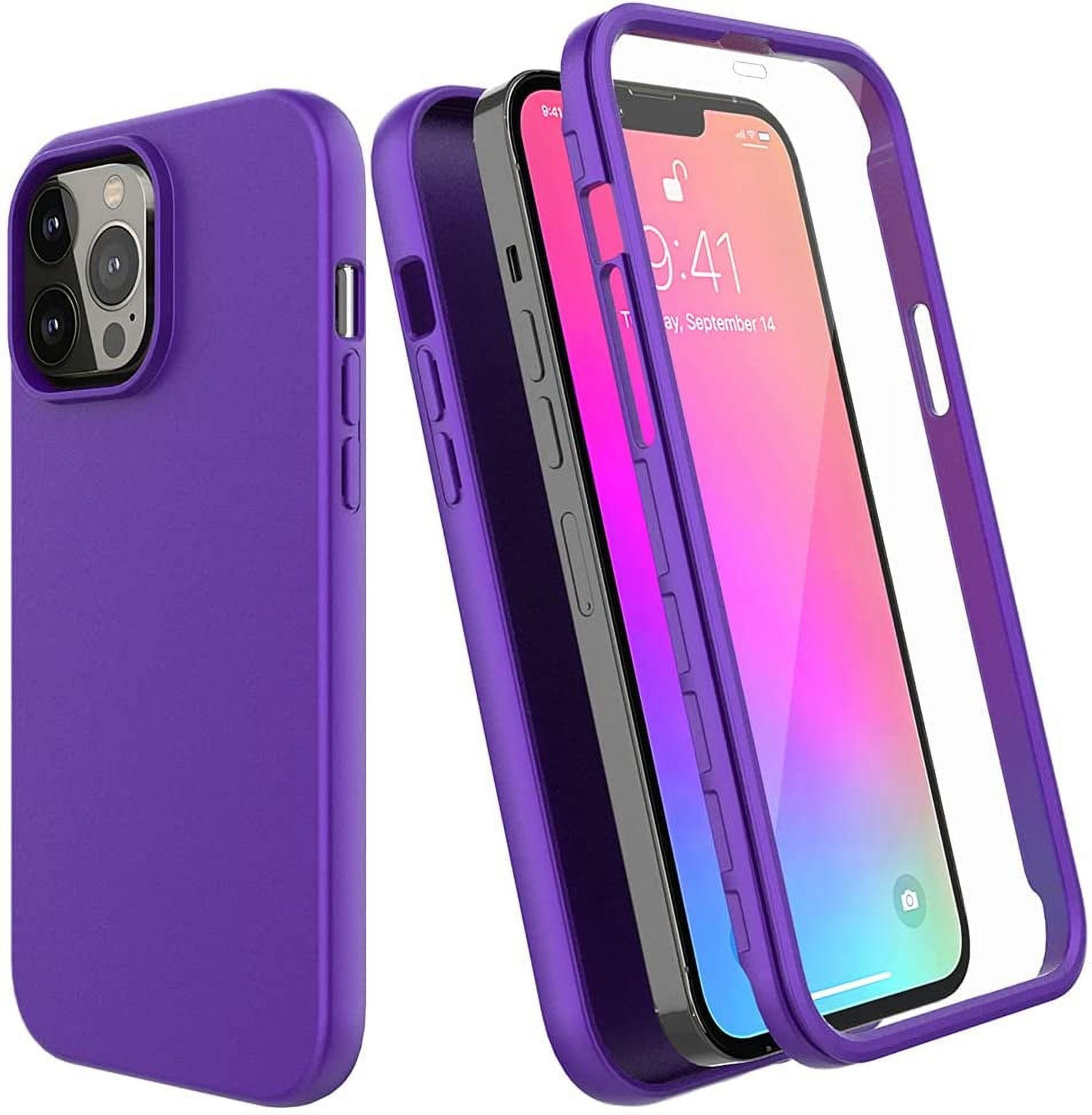 For Apple iPhone 13 Pro/ iPhone 13 Case with Built-in Screen Protector,Rugged PC Front Cover + Soft TPU Non-Slip Cover, Shockproof Full-Body Protective Case Cover - Purple