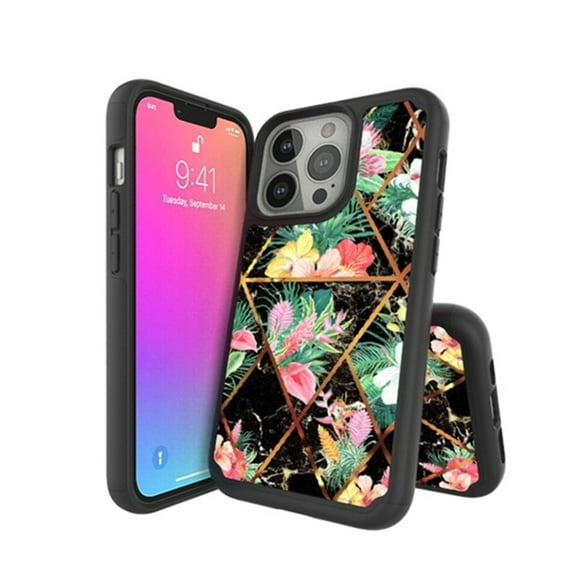 For Apple iPhone 13 Pro Max (6.7") Pattern Design Slim Hybrid Grid Rubber Soft TPU & Hard Back Protective Phone Case Cover by Xpression [Black Colorful Flowers]