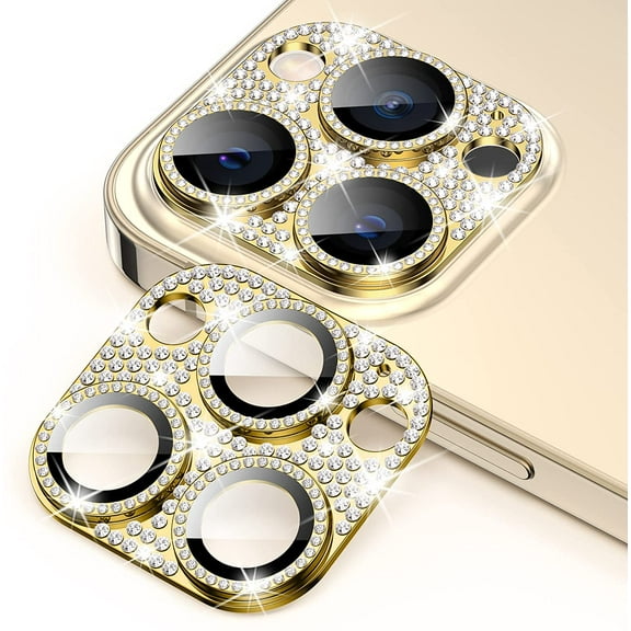 For Apple iPhone 13 Pro Max 6.7 inch 3D Diamond Bling Crystal Full Coverage Camera Screen Area Lens Protector Gold