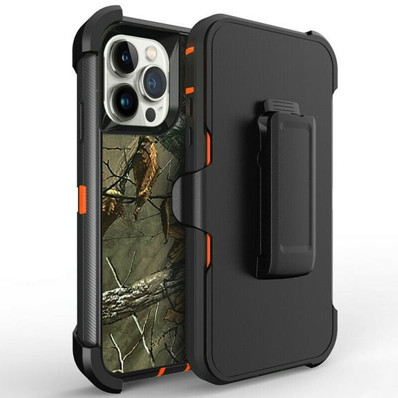 For Apple iPhone 13 Pro Max 6.7 inch Heavy Duty Defender Armor Hybrid Case Cover With Clip Camouflage/Orange