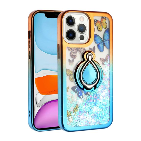 For Apple iPhone 13 Pro Max 6.7 inch Sparkling Glitter Liquid Floating Hearts Stars Magnetic Ring Stand Case Cover Orange/Blue
