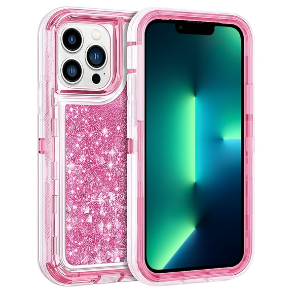 For Apple iPhone 13 Pro Max 6.7 inch Tough Defender Sparkling Liquid Glitter Heart Case Cover Pink