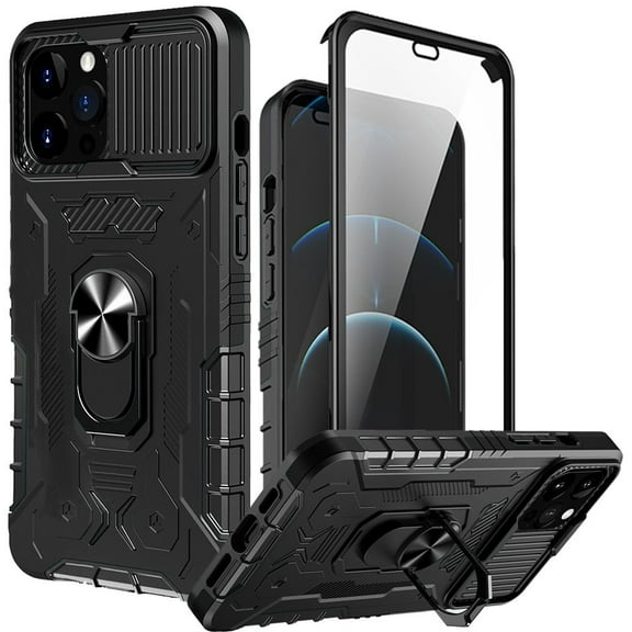 For Apple iPhone 13 Pro Max Ring Stand Cases with Slide Camera, Kickstand & Screen Protector Military Grade Shockproof Cover ,Xpm Phone Case [ Black ]