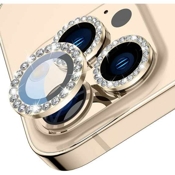 For Apple iPhone 13 Pro / iPhone 13 Pro Max Diamond Bling Ring Crystal Tempered Glass Camera Len Protector Cover Gold