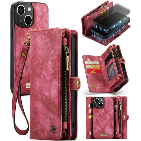 For Apple iPhone 13 Wallet Case,Multi-Functional Retro Leather Purse Flip Cover Zipper Wallet Case with Removable Card Slots Pocket & Detachable Wrist Strap Magnetic Phone Case, Red