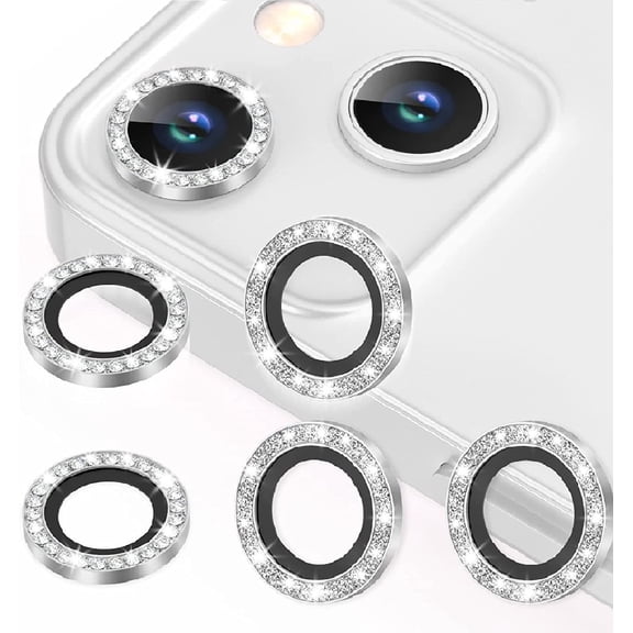 For Apple iPhone 13 / iPhone 13 Mini Diamond Bling Ring Crystal Tempered Glass Camera Len Protector Cover Silver