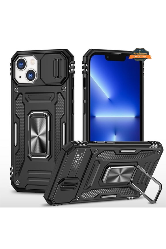For Apple iPhone 14 (6.1") Cases with Kickstand & Slide Camera Lens Protection + 360° Rotate Ring Stand, Hybrid Shockproof Phone Case Cover by Xpression - Black