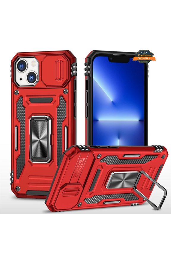 For Apple iPhone 14 (6.1") Cases with Kickstand & Slide Camera Lens Protection + 360° Rotate Ring Stand, Hybrid Shockproof Phone Case Cover by Xpression - Red