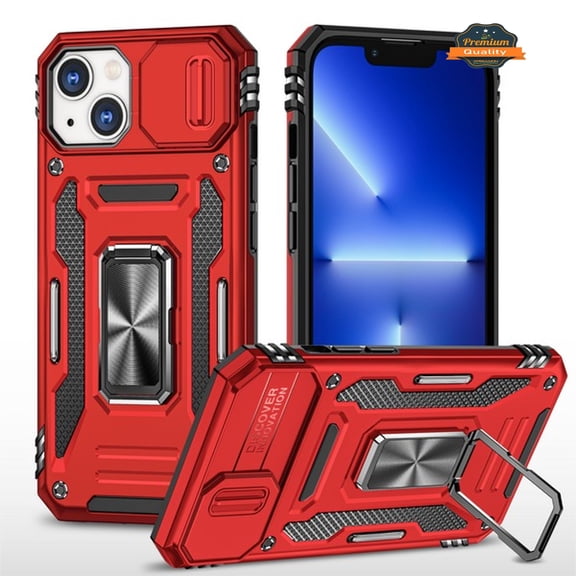 For Apple iPhone 14 (6.1") Cases with Kickstand & Slide Camera Lens Protection + 360° Rotate Ring Stand, Hybrid Shockproof Phone Case Cover by Xpression - Red