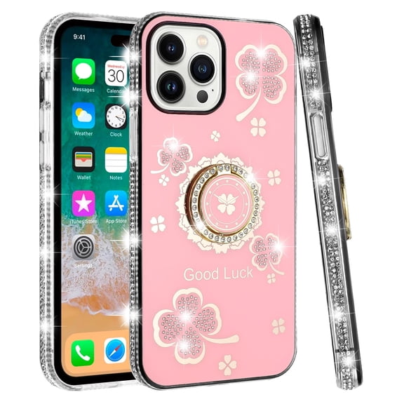 For Apple iPhone 14 (6.1") Diamonds Bling All Around Edges Sparkly Glitter Hybrid Ring Stand Holder Fashion Good Luck Cover ,Xpm Phone Case [ Pink ]