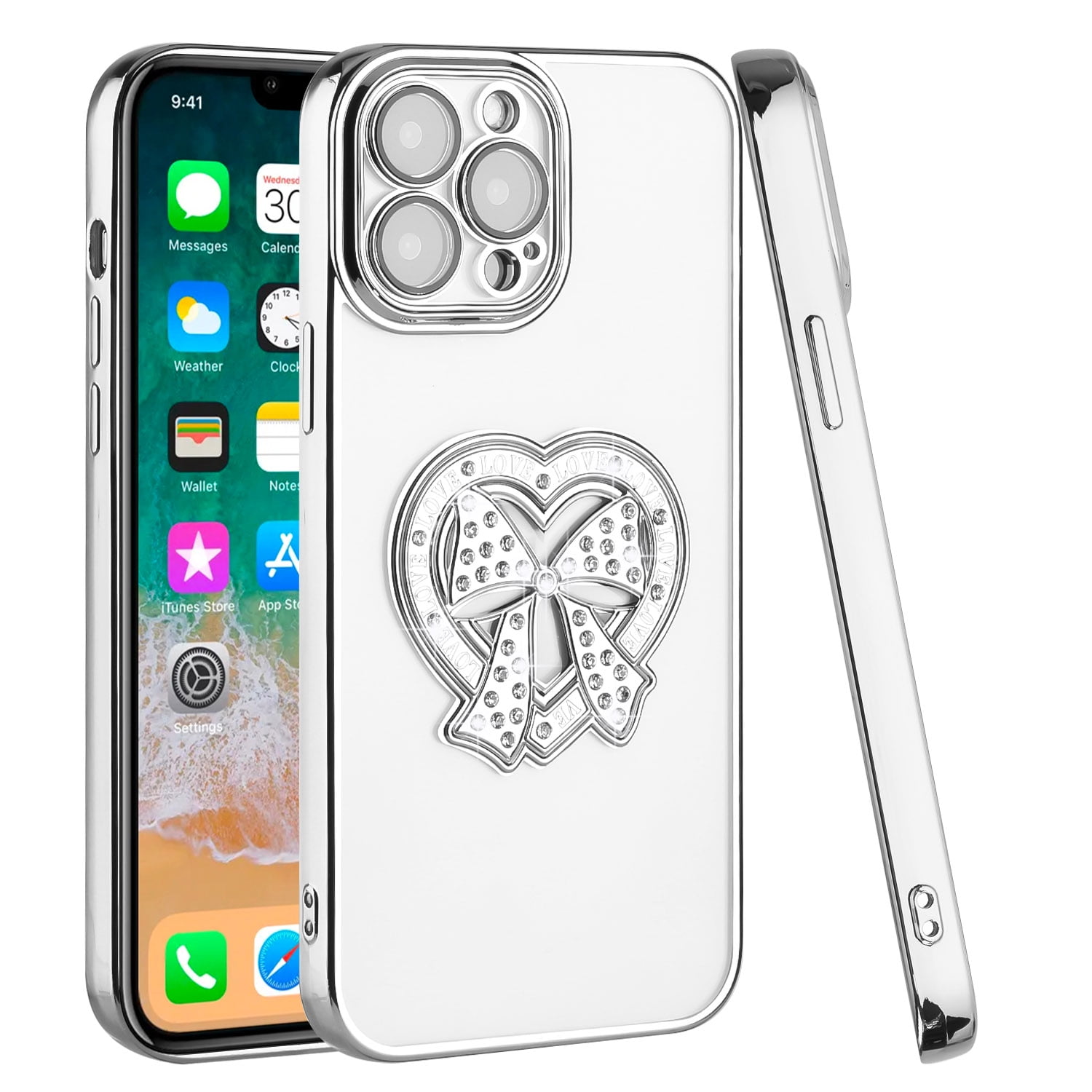 For Apple iPhone 14 Fashion 3D BowKnot Heart Bling Diamond