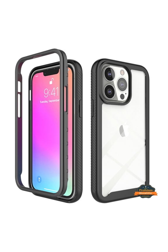 For Apple iPhone 14 (6.1") Full Body Armor Slim Hybrid Double Layer Hard PC + TPU Transparent Back Rugged Shockproof Phone Case Cover by Xpression - Clear / Black