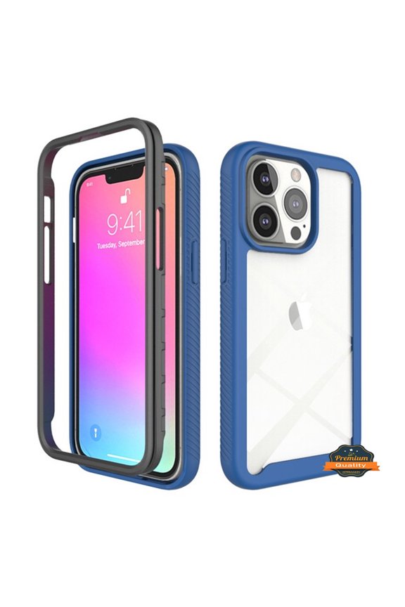 For Apple iPhone 14 (6.1") Full Body Armor Slim Hybrid Double Layer Hard PC + TPU Transparent Back Rugged Shockproof Phone Case Cover by Xpression - Clear / Blue