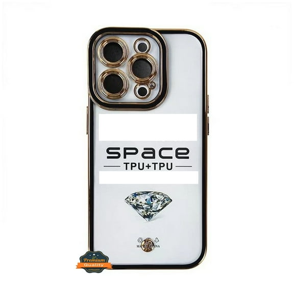 For Apple iPhone 14 (6.1") Golden Chrome Frame Transparent Hybrid with Lens Protector Shockproof Bumper Hard PC Back Phone Case Cover by Xpression - Gold Black