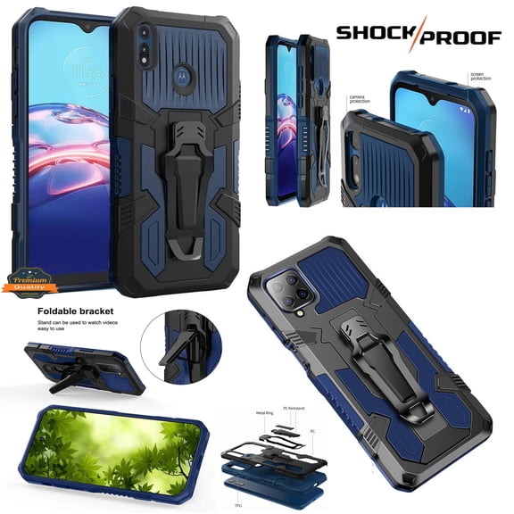For Apple iPhone 14 (6.1") Hybrid Heavy Duty Protection Shockproof Defender with Belt Clip and Kickstand Dual Layer Phone Case Cover by Xpression - Blue