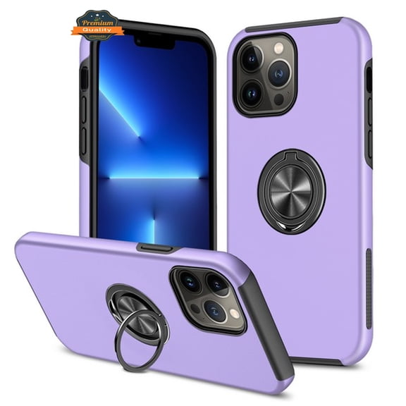 For Apple iPhone 14 (6.1") Hybrid Military Grade with Flat Metal Ring Stand 360° Rotation Kickstand Hard PC Back Slim Fit Phone Case Cover by Xpression - Purple