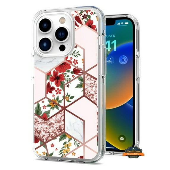 For Apple iPhone 14 (6.1") Stylish Hybrid Fashion Marble Trendy Design Hard Back PC Shockproof TPU Protective Phone Case Cover by Xpression - Marble Flowers