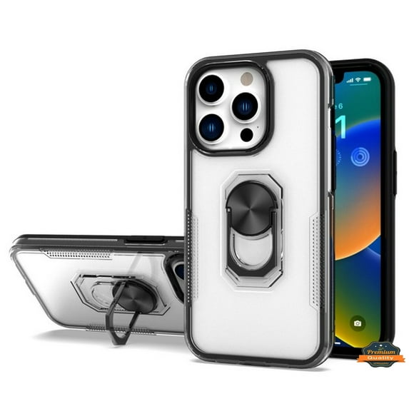 For Apple iPhone 14 (6.1") Transparent Hybrid PC Magnetic Ring Stand (works with Car Mount) Detachable Frame Bumper Phone Case Cover by Xpression - Clear + Black