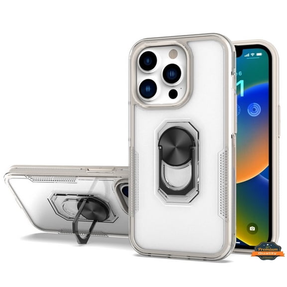 For Apple iPhone 14 (6.1") Transparent Hybrid PC Magnetic Ring Stand (works with Car Mount) Detachable Frame Bumper Phone Case Cover by Xpression - Clear + White