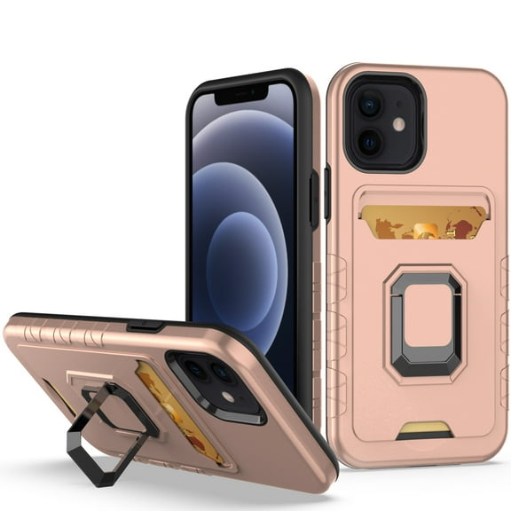 For Apple iPhone 14 (6.1") Wallet Designed with Credit Card Holder & Magnetic Stand Kickstand Ring Heavy Duty Hybrid Cover ,Xpm Phone Case [ Rose Gold ]