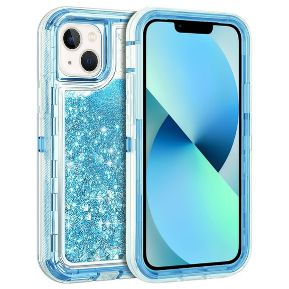 For Apple iPhone 14 6.1 inch Dual Layer Protective Shockproof Tough Defender Sparkling Liquid Glitter Heart Case Cover Blue