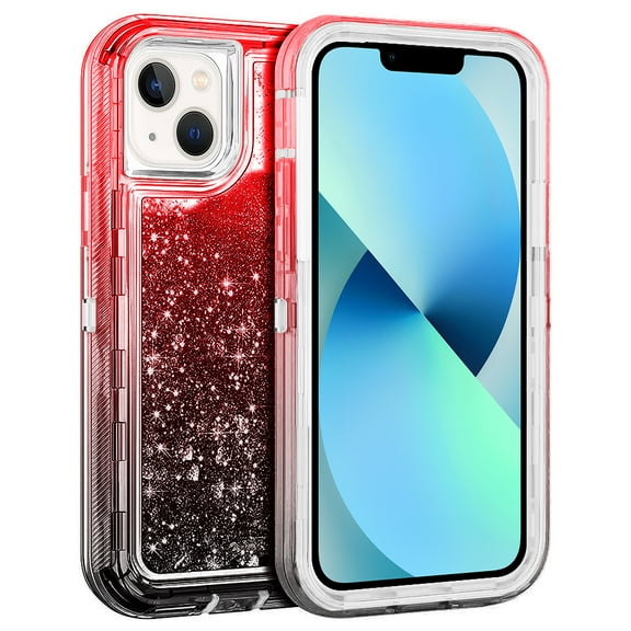 For Apple iPhone 14 6.1 inch Dual Layer Protective Shockproof Tough Defender Sparkling Liquid Glitter Heart Case Cover Red/Black