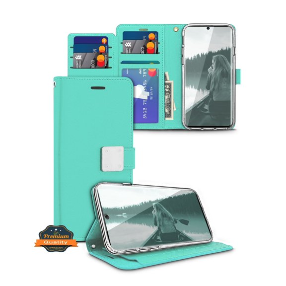 For Apple iPhone 14 (6.1") luxurious PU leather Wallet 6 Card Slots folio with Wrist Strap & Kickstand Pouch Flip Shockproof Phone Case Cover by Xpression - Teal Mint