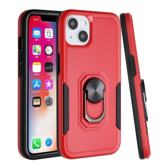 For Apple iPhone 14 PRO 6.1" Tough Strong Dual Layer Flat Magnetic Ring Stand Case Cover - Red
