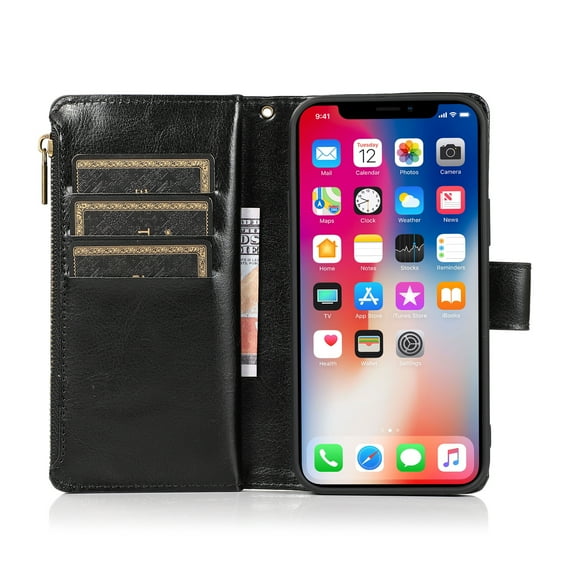 For Apple iPhone 14 PRO MAX 6.7" Luxury Wallet Card ID Zipper Money Holder Case Cover - Black