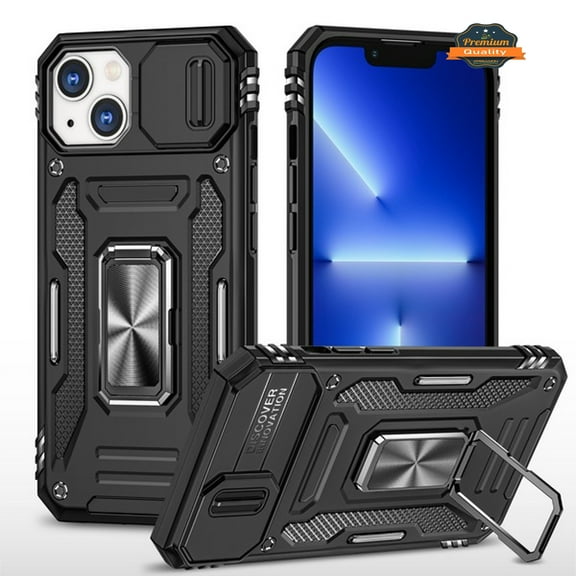 For Apple iPhone 14 Plus (6.7") Cases Kickstand & Slide Camera Lens Protection + 360° Rotate Ring Stand, Hybrid Shockproof Phone Case Cover by Xpression - Black