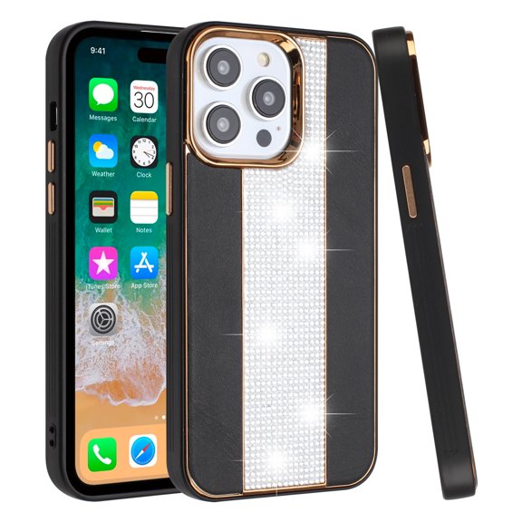 For Apple iPhone 14 Plus (6.7") Fashion Leather Bling Diamond Rhinestone Sparkle Hybrid Chrome Camera Edge Shockproof Cover ,Xpm Phone Case [ Black ]