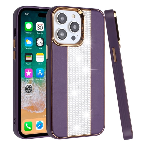 For Apple iPhone 14 Plus (6.7") Fashion Leather Bling Diamond Rhinestone Sparkle Hybrid Chrome Camera Edge Shockproof Cover ,Xpm Phone Case [ Dark Purple ]