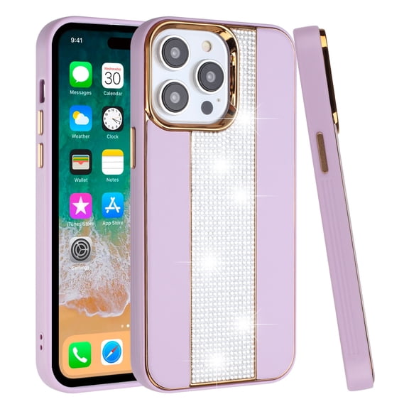 For Apple iPhone 14 Plus (6.7") Fashion Leather Bling Diamond Rhinestone Sparkle Hybrid Chrome Camera Edge Shockproof Cover ,Xpm Phone Case [ Light Purple ]
