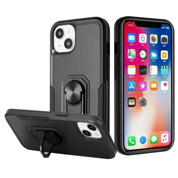 For Apple iPhone 14 Plus (6.7") Hybrid Tough Strong Dual Layer PC TPU with Magnetic Ring Stand Heavy-Duty Armor Design Cover ,Xpm Phone Case [ Black ]