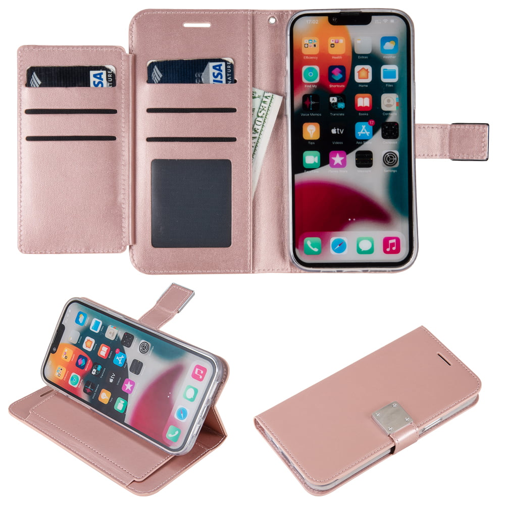 For Apple iPhone 14 Plus (6.7) Leather Wallet Case with 6 Credit Card,  Cash Slots and Lanyard Dual Flip Pouch Pocket Stand Case Cover fit iPhone  14 Plus - Rose Gold 