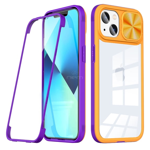 For Apple iPhone 14 Plus 6.7 inch Transparent Crystal Build-in Screen Slide Lens Shockproof Protective Hybrid Case Cover Yellow