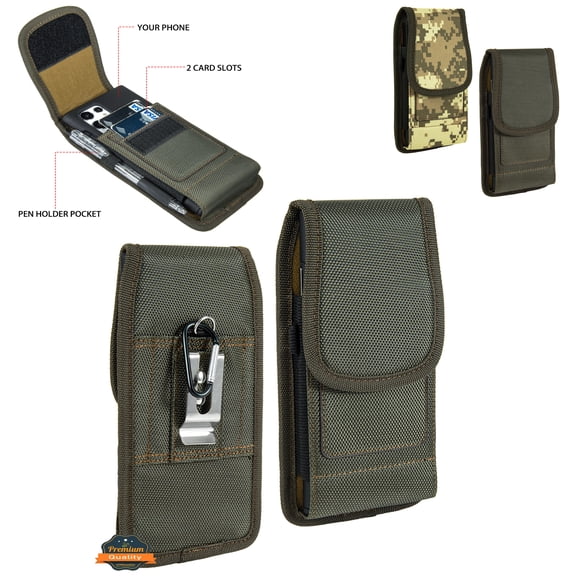 For Apple iPhone 14 Plus Universal Nylon Pouch Case Vertical Phone Holster with Dual Card Slots, Pen Holder, Belt Clip Loop & Hook Cover - Green