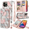 thumbnail image 1 of For Apple iPhone 14 Plus Wallet Case, EBIZCITY Luxury Cash Credit Card Slots Holder PU Leather Flip Cover Detachable Magnetic TPU Case & Kickstand & Wristlet Strap Cover -Rose Gold Marble, 1 of 6