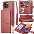 thumbnail image 1 of For Apple iPhone 14 Plus Wallet Case, EBIZCITY Luxury Cash Credit Card Slots Holder PU Leather Flip Cover [Detachable Magnetic TPU Case] & Kickstand & Wristlet Strap Cover -Wine Red, 1 of 6
